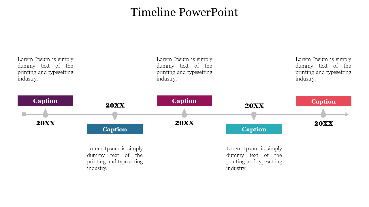Timeline graphic showing five steps marked by downward gray pointers and alternating colored caption blocks.