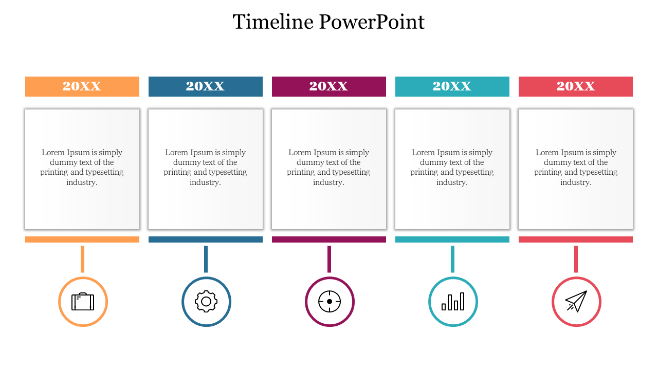 Horizontal timeline featuring five blocks with text, each topped by 20XX headers and icons below linked by vertical lines.