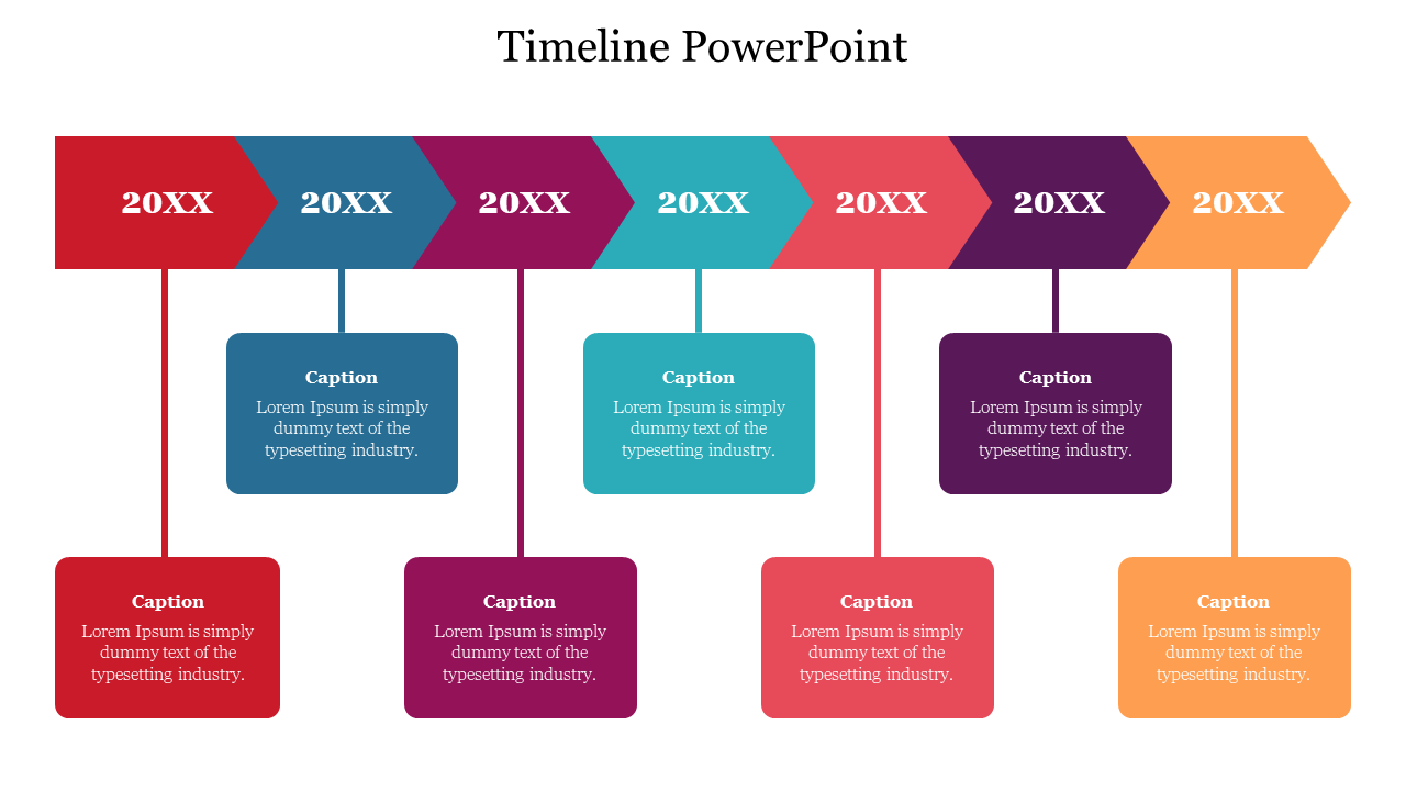 Multi step timeline showing seven colored arrows above boxes with placeholder captions, connected by vertical lines.