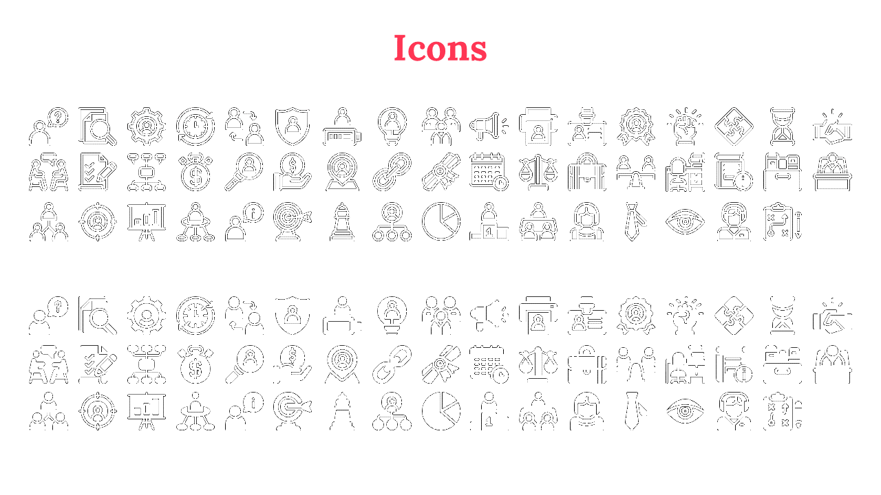 Grid of outlined and filled business icons including people, charts, gears, briefcases, and communication symbols.