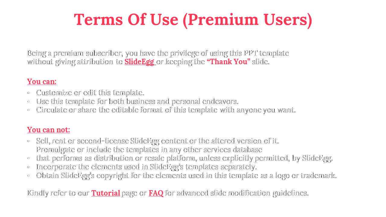 Text slide detailing what premium users can and cannot do with SlideEgg templates, with red emphasis on key terms.