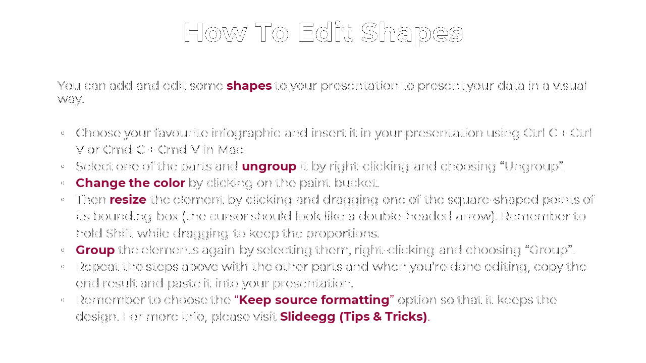 Tutorial layout showing steps for editing shapes in a presentation, with key actions like ungroup, resize, and format.