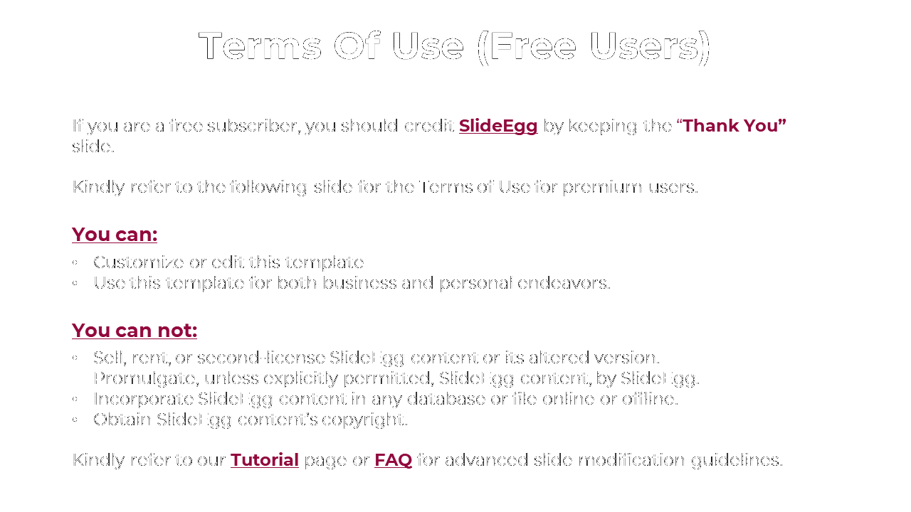 Black and pink terms slide showing allowed and prohibited actions for free users of SlideEgg templates, with section titles.