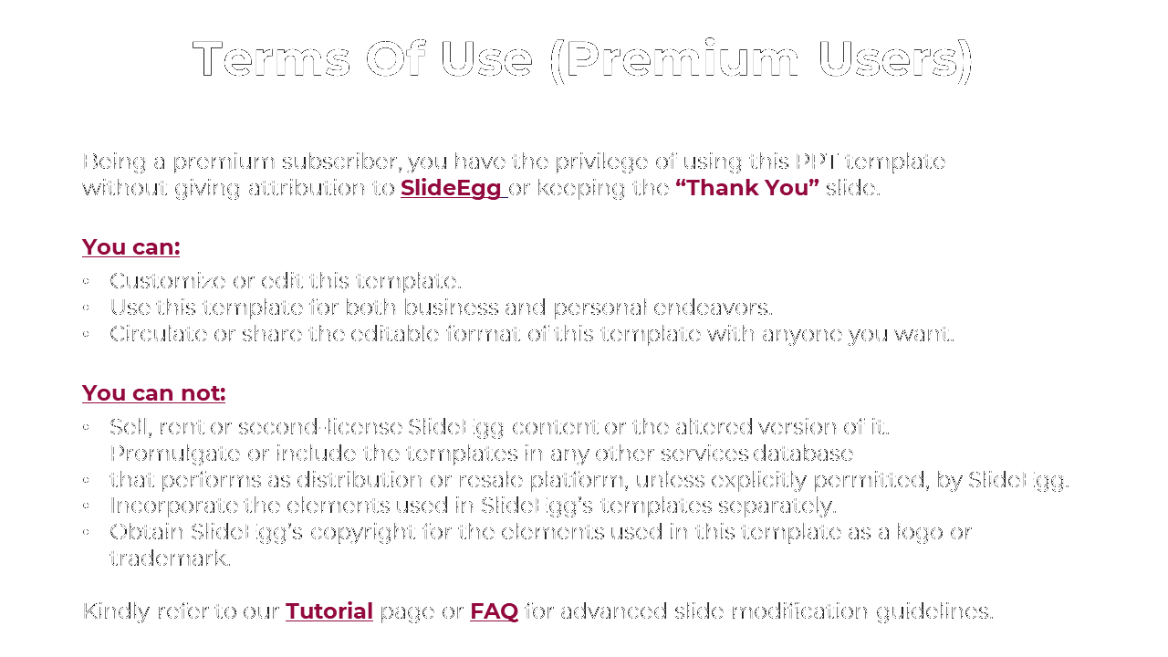 Instructional slide with permissions for premium users to customize, share, and limitations on resale or copyright use.