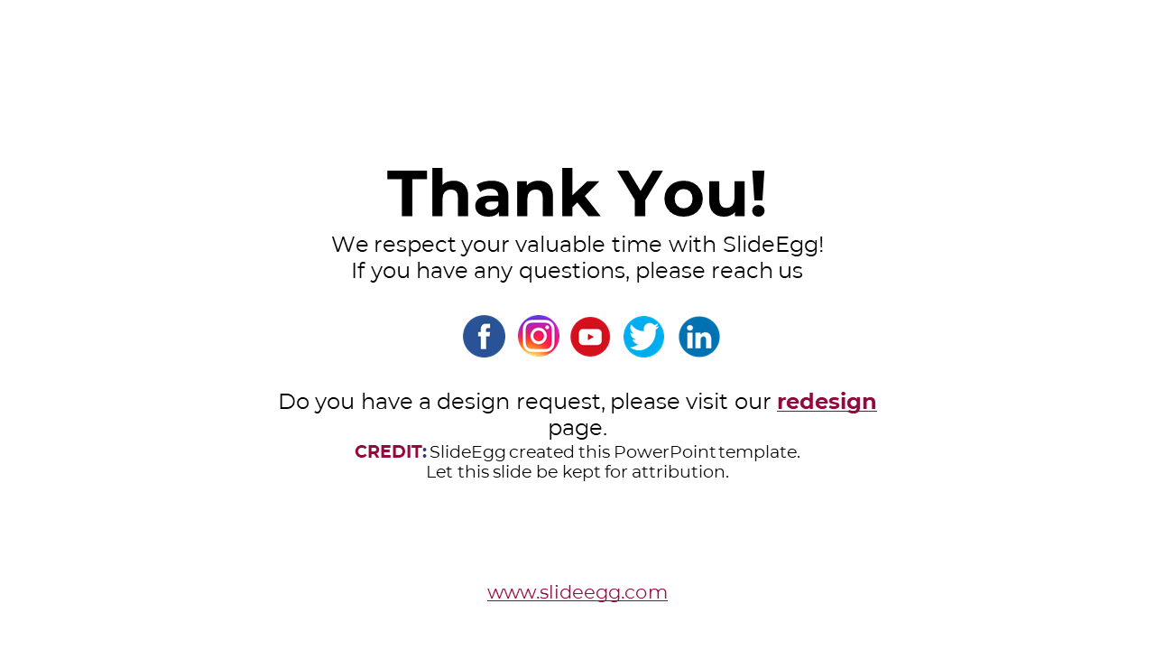 Thank you slide with social icons, SlideEgg message, credit note, and website URL centered on a white background.