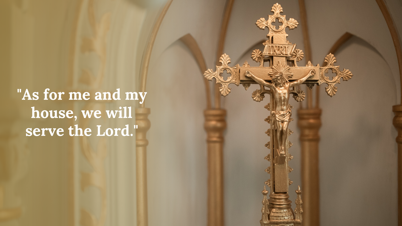 Ornate golden crucifix in a church interior with arched alcoves and a Bible verse overlaid on a faded background.