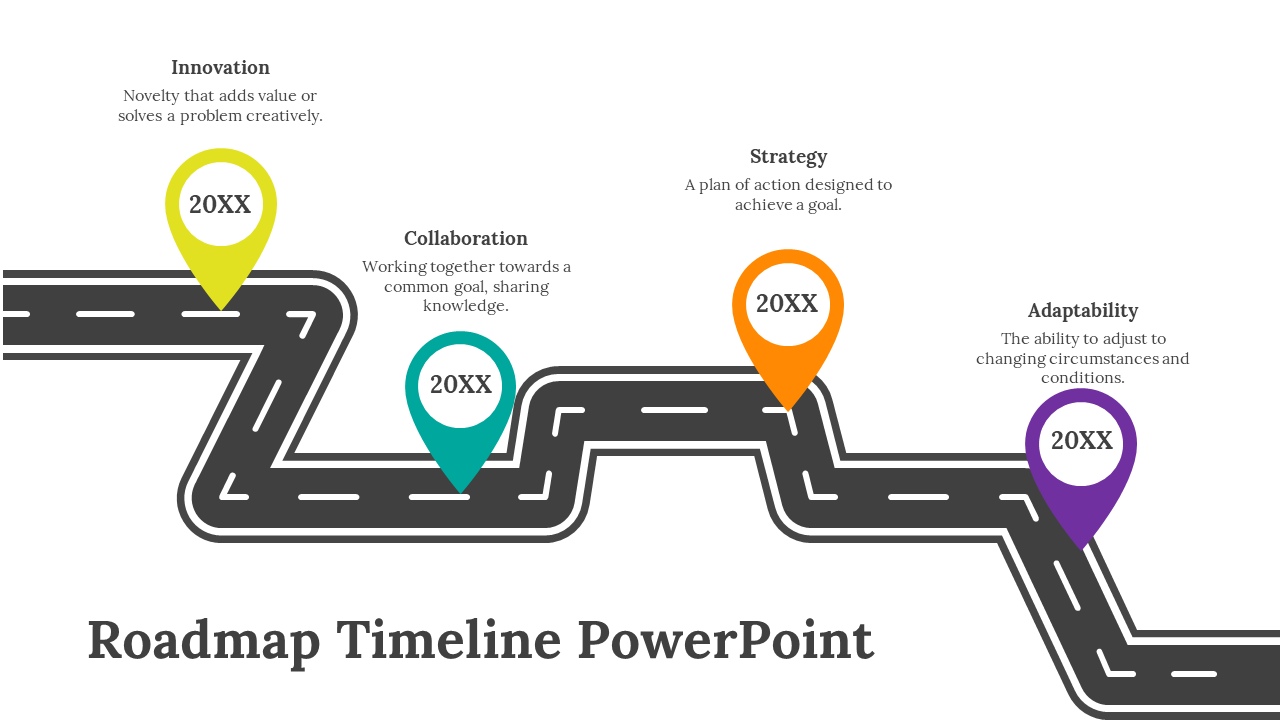 A roadmap timeline slide highlighting key business stages each in color coded location icons marked with 20XX.