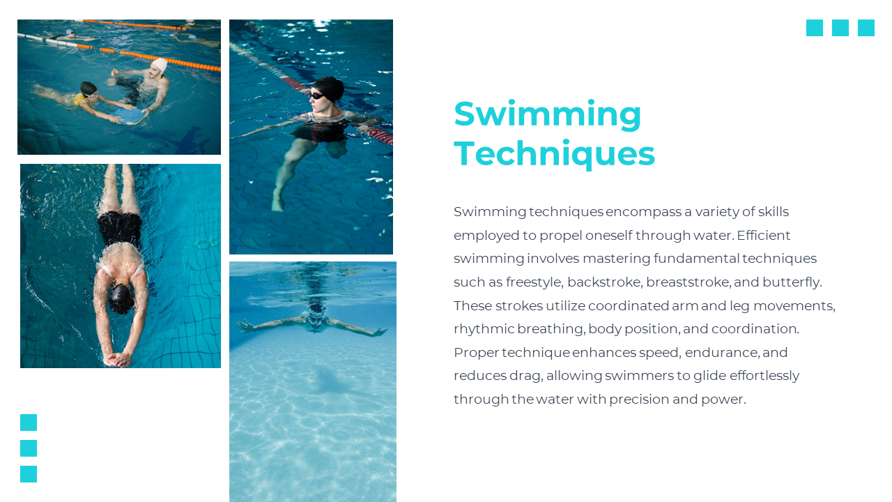 Layout with four swimming images on the left showing strokes and training, with heading and description on the right.