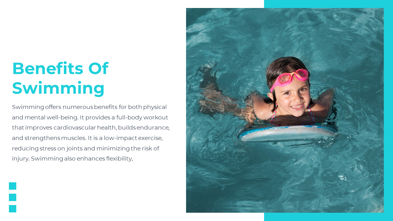 Slide with child swimming on float board in clear pool, beside teal heading and paragraph on swimming health benefits.