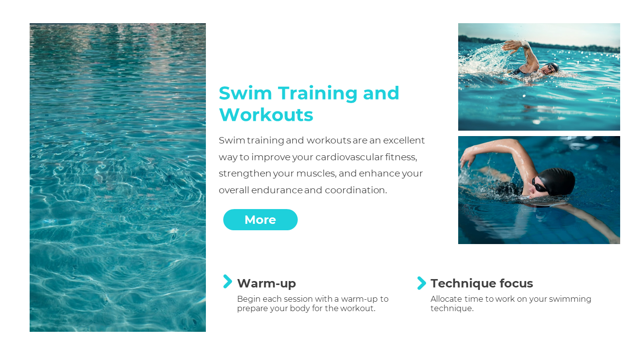 Swim workout slide showing clear water, swimmers in freestyle stroke, and text with a button and two training pointers.
