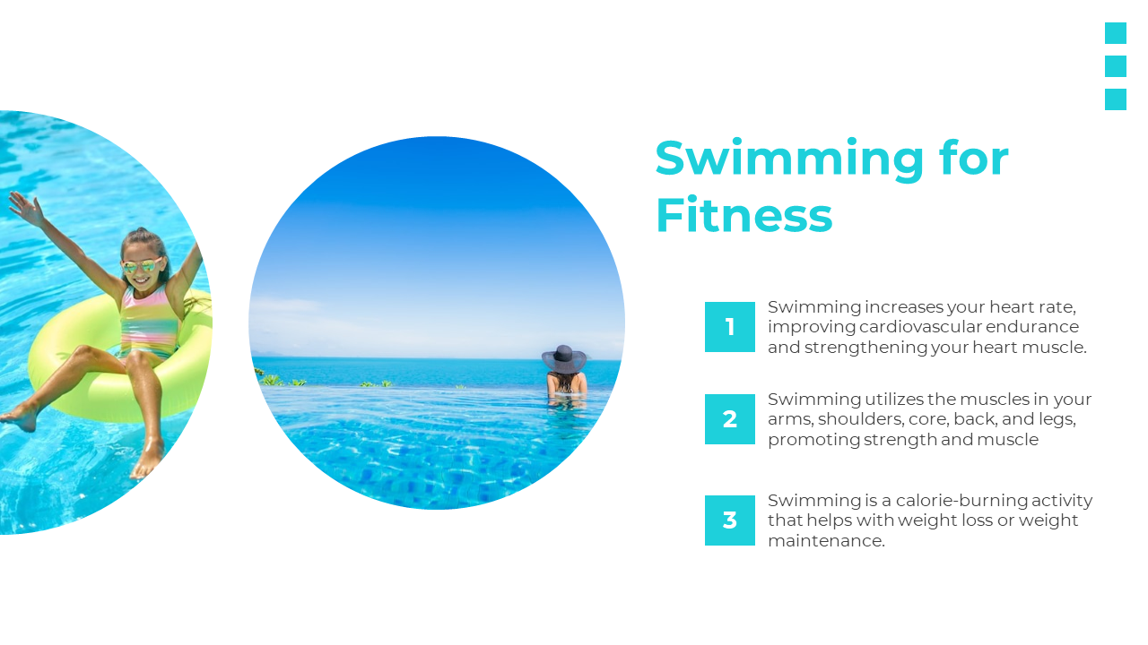 Slide with girl on float and woman in pool, beside fitness-focused text on heart health, strength, and weight loss.