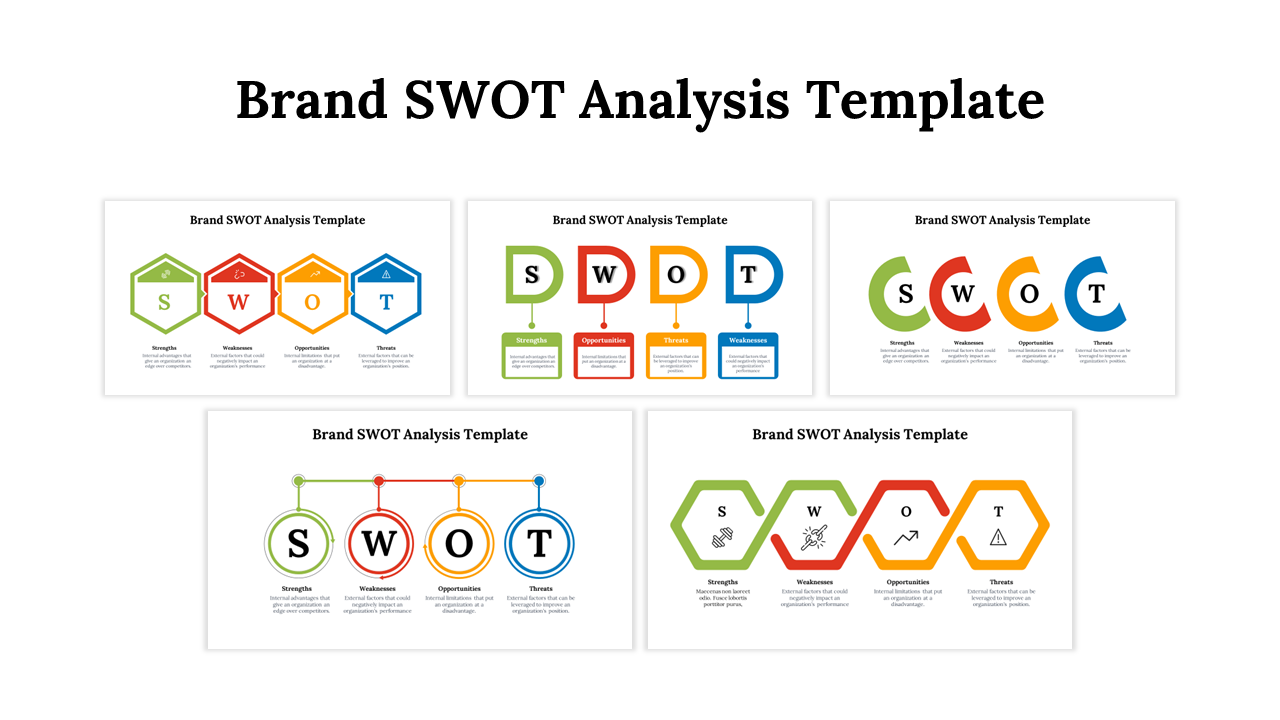 SWOT analysis slide deck with multiple layouts such as linked circles, hexagons, and curved shapes in bright color schemes.