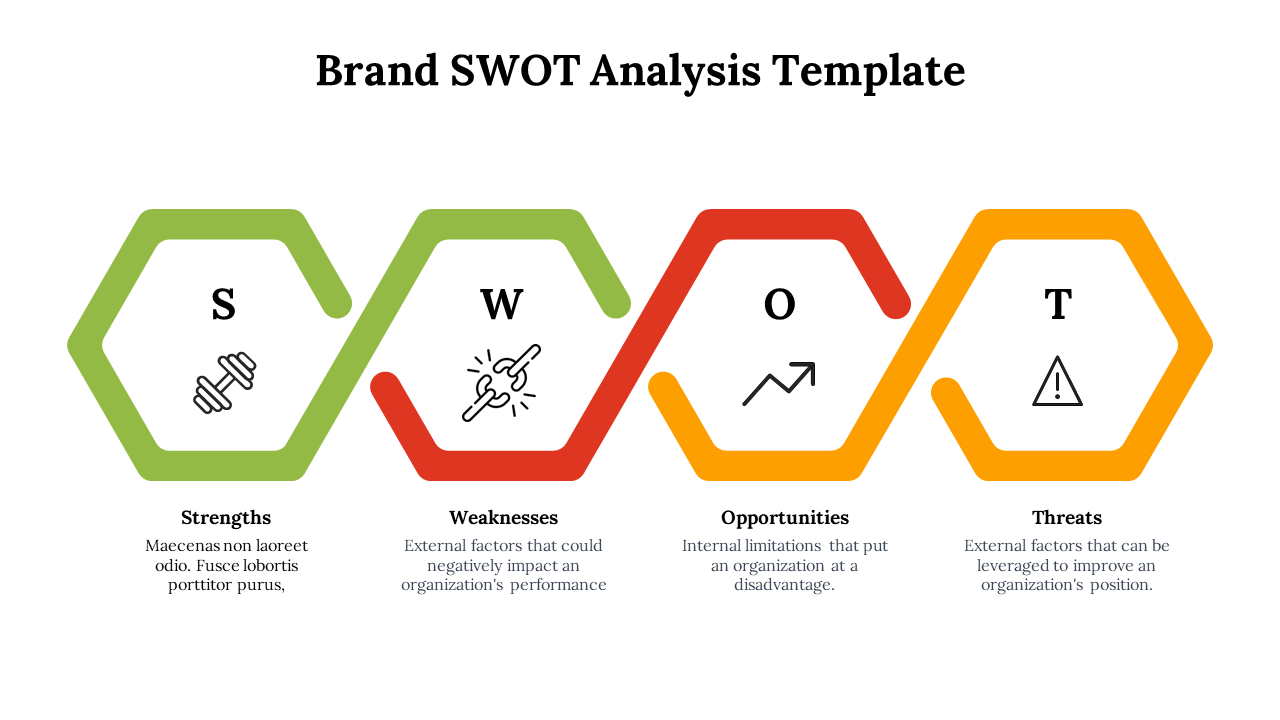 Four hexagon shapes in green, red, orange, and yellow labeled SWOT, with matching icons and text underneath each.