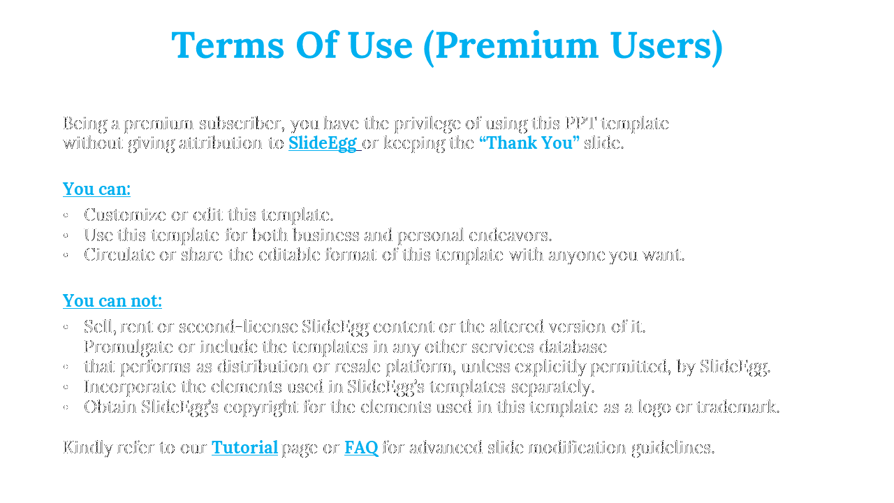 White background slide showing premium user rights and limitations in black text with blue section titles and hyperlinks.