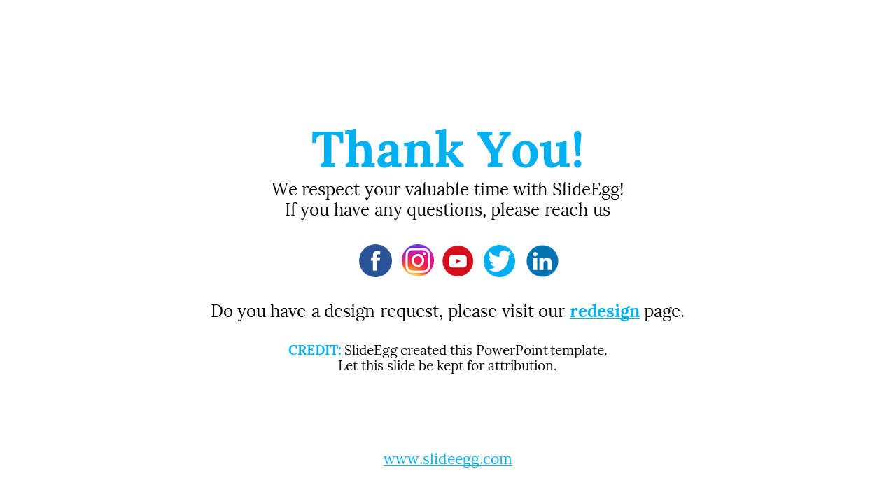 Thank you slide with blue heading, social media icons, and links to SlideEgg’s redesign and credit note.