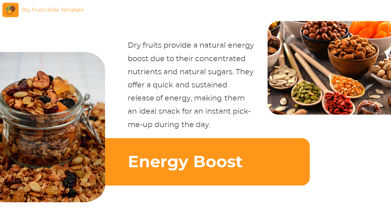 Glass jar of granola with dry fruits beside bowls of assorted seeds and nuts under a bold orange energy boost label.