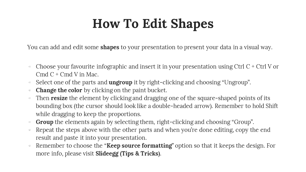 Editing guide with bolded keywords like ungroup, resize, and group, providing steps to modify shapes in a PowerPoint slide.