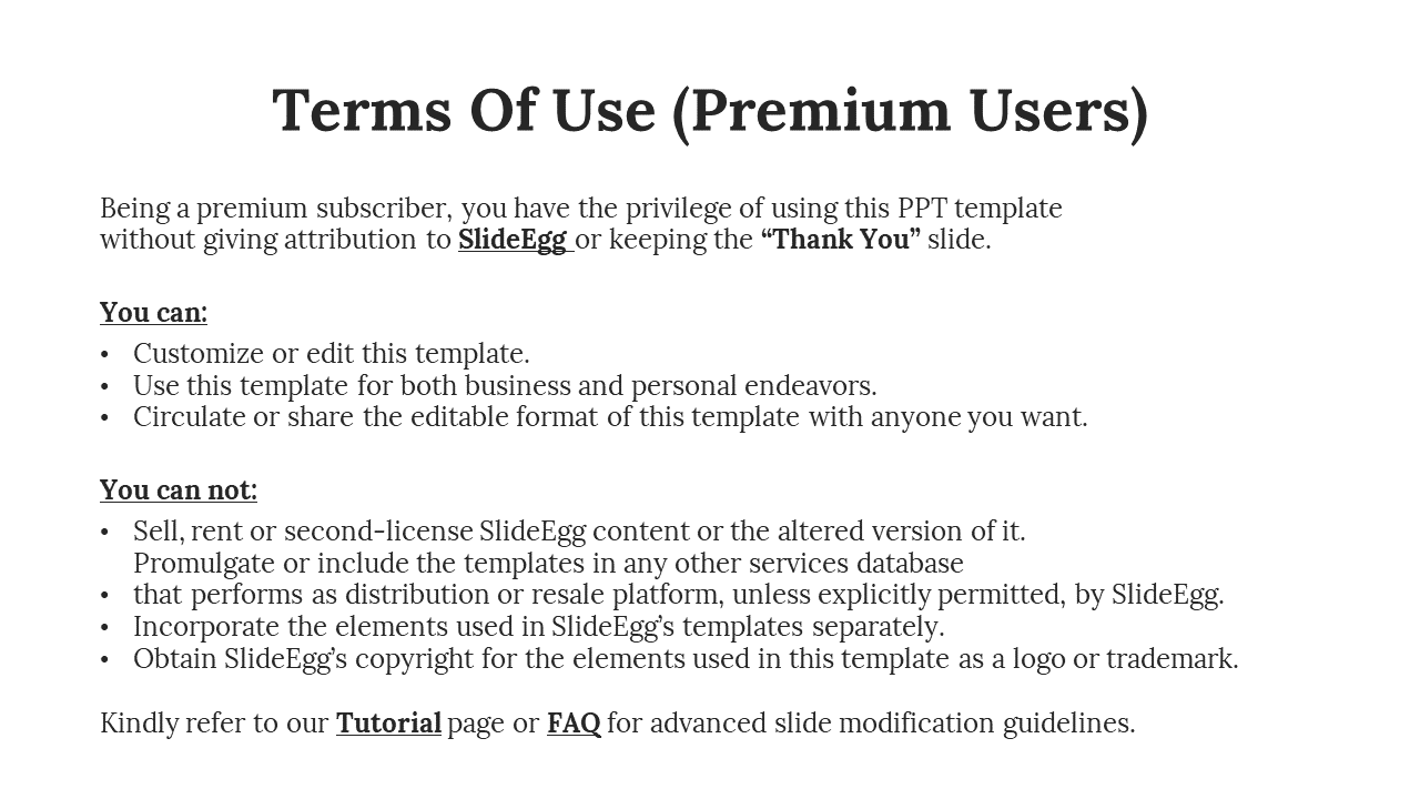 Slide showing premium usage rights for a PPT template, including editing, sharing, and redistribution limitations.