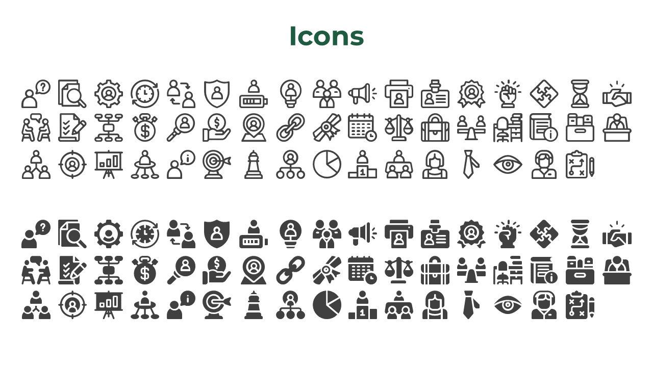 Collection of black and white outline icons representing business concepts like teams, targets, finance, and analytics.