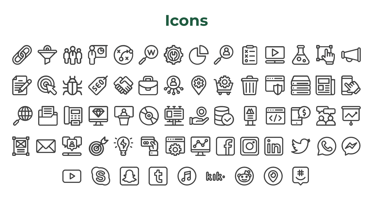 Icons slide with five rows of outlined symbols representing business tools, SEO, communication, charts, and social media.