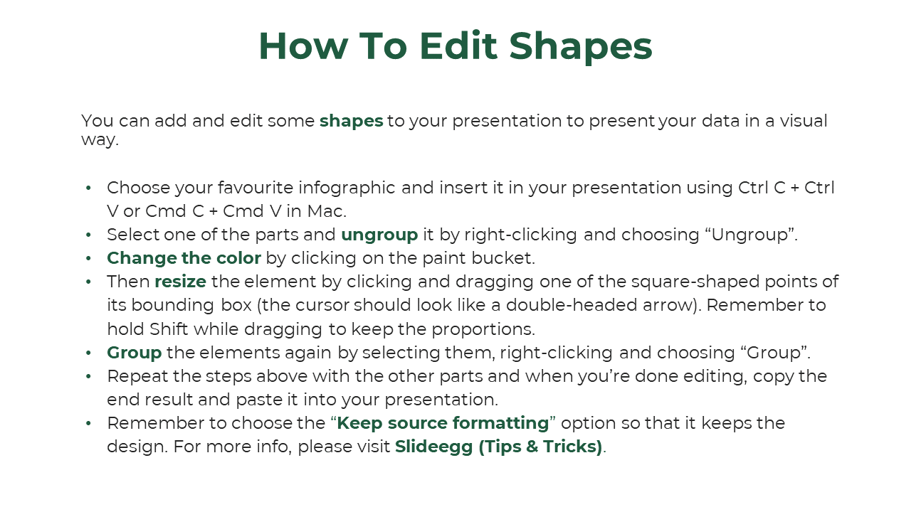Slide with editing tips for shapes in PowerPoint, featuring bolded keywords and bullet instructions on grouping and resizing.