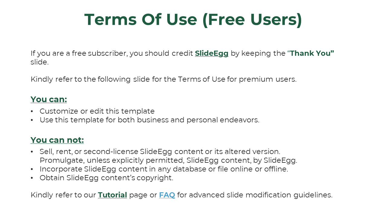 Policy slide explaining free user rights and restrictions, with key phrases in bold green and black, and links to tutorials.