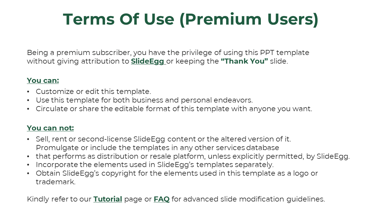 Premium user policy slide with three allowed uses and four restrictions, presented in black and green text.