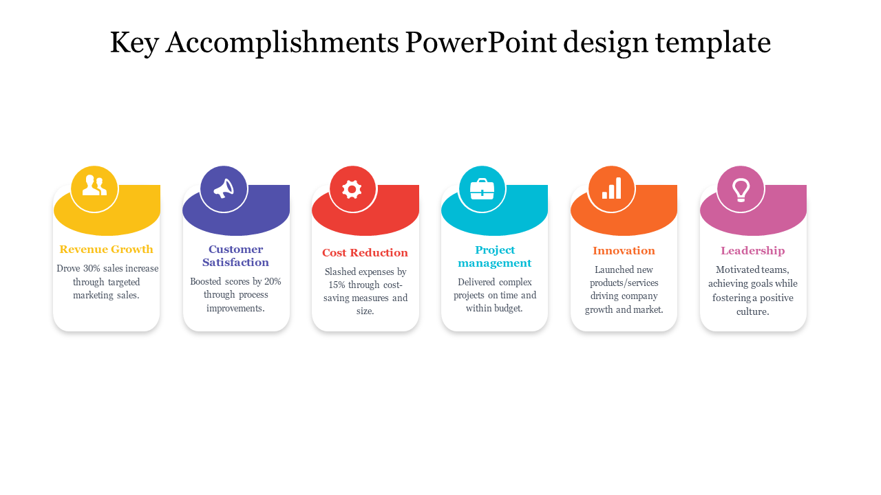 Key accomplishments slide featuring six vertical boxes with tops and icons in yellow, blue, red, cyan, orange, and purple.