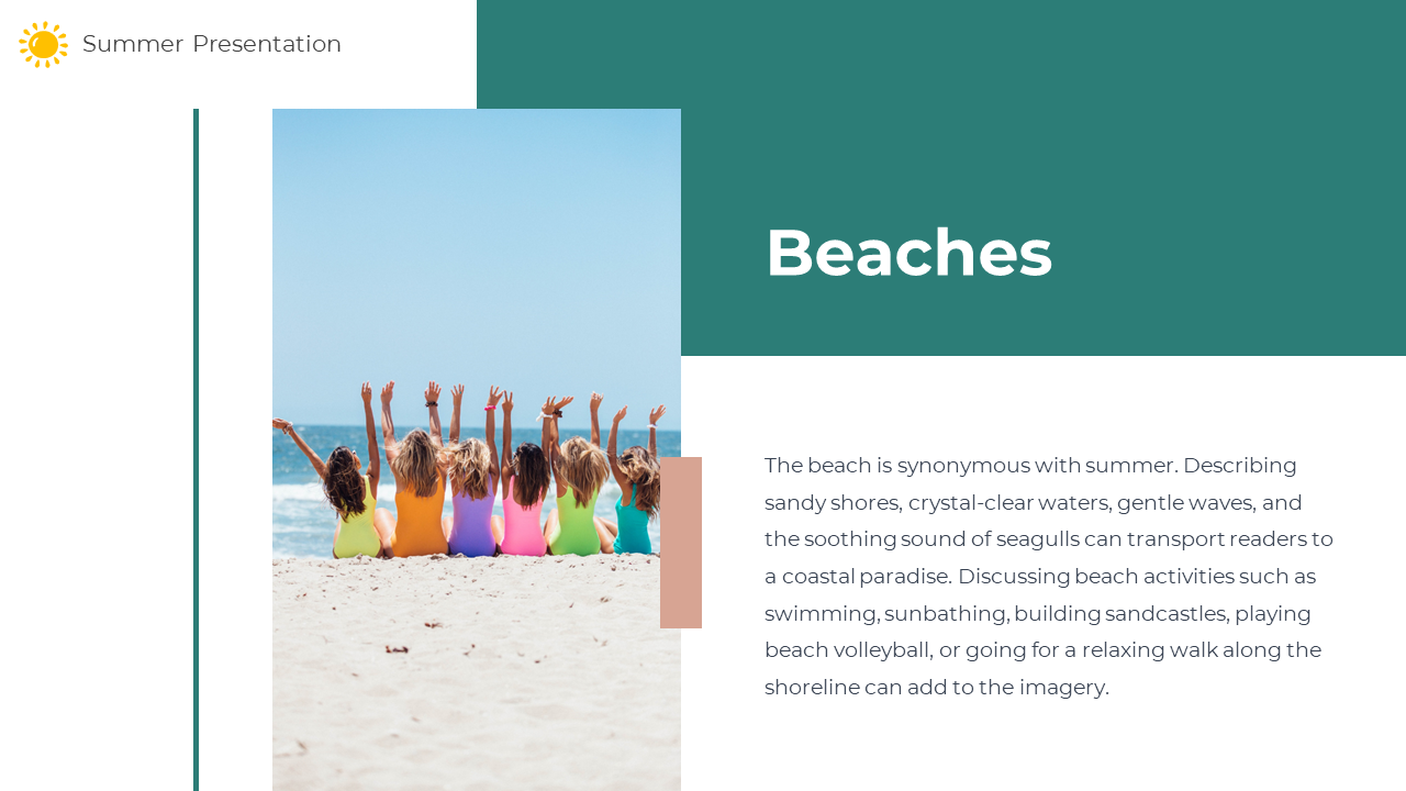 Beach themed presentation slide with group photo on left and descriptive paragraph on right under green header.