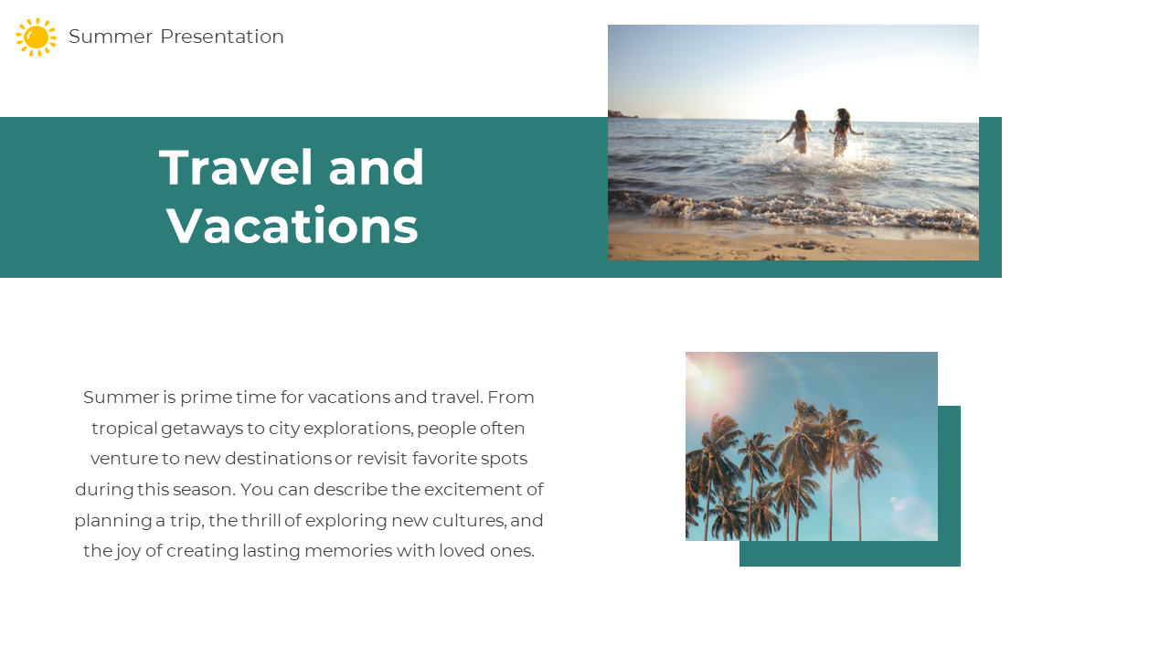 Travel and vacation slide with green title banner, two beach-themed photos, and text on summer trips and exploration.