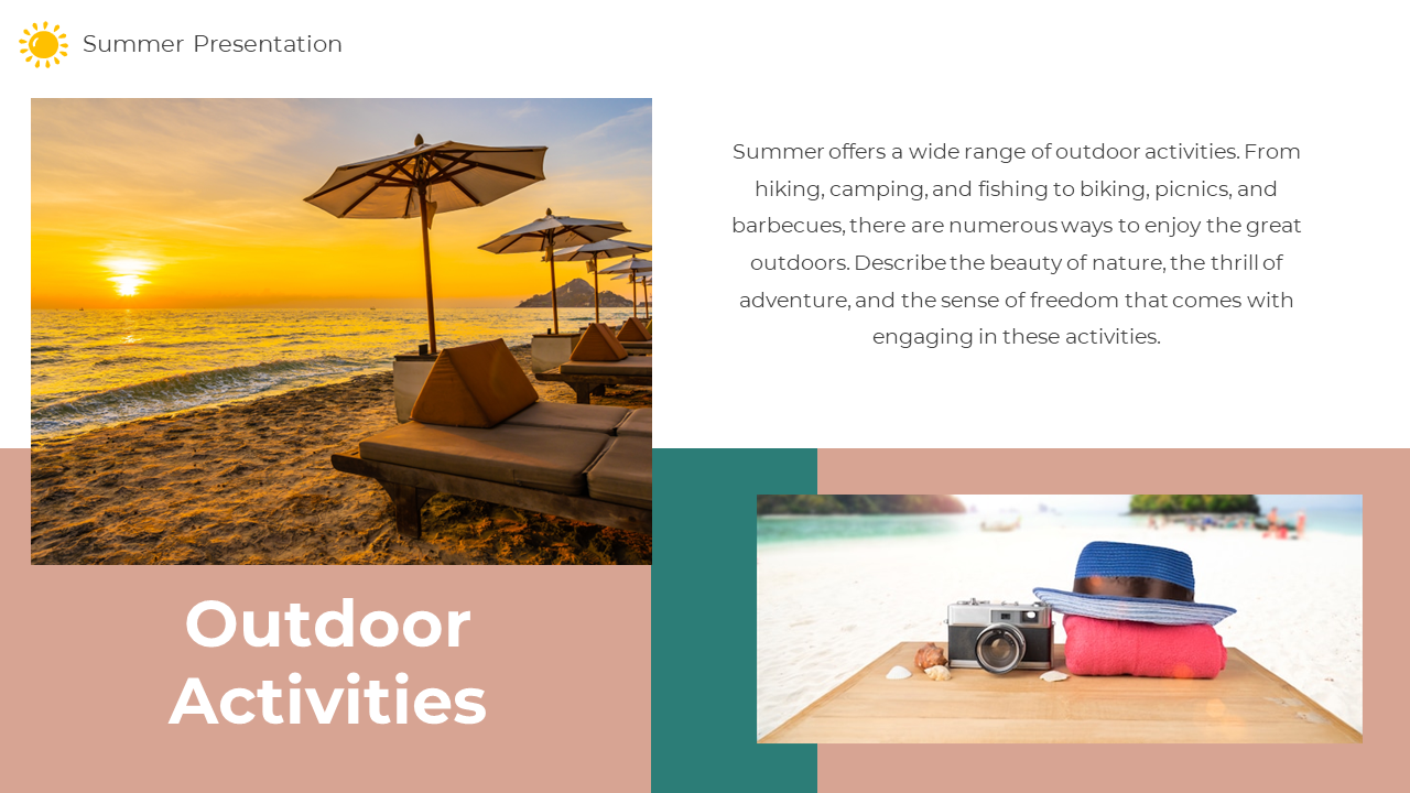 Presentation slide featuring sunset loungers, vacation props on sand, and text on enjoying outdoor summer activities.
