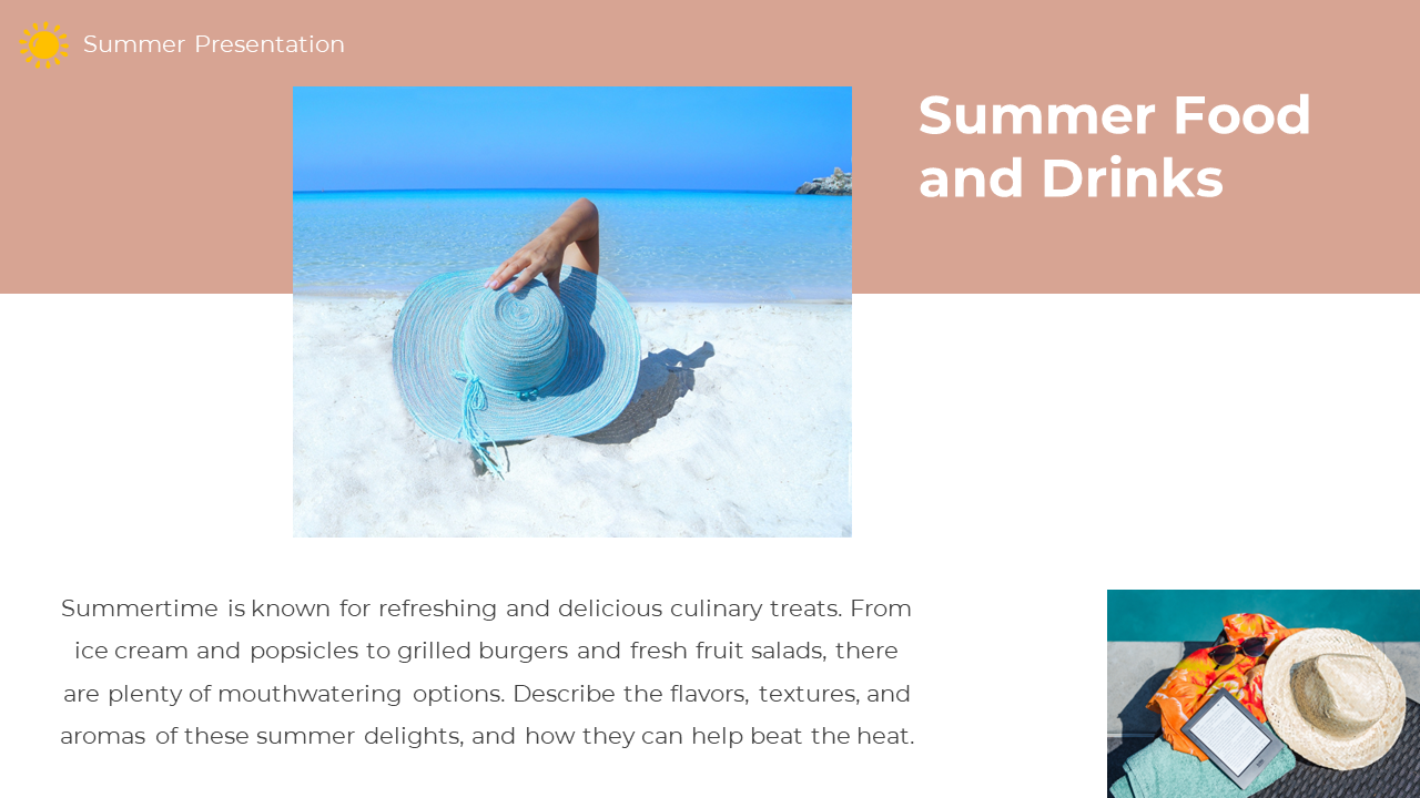 Summer food slide with ocean and beach photo, plus a flat lay of vacation items, and paragraph on refreshing delights.