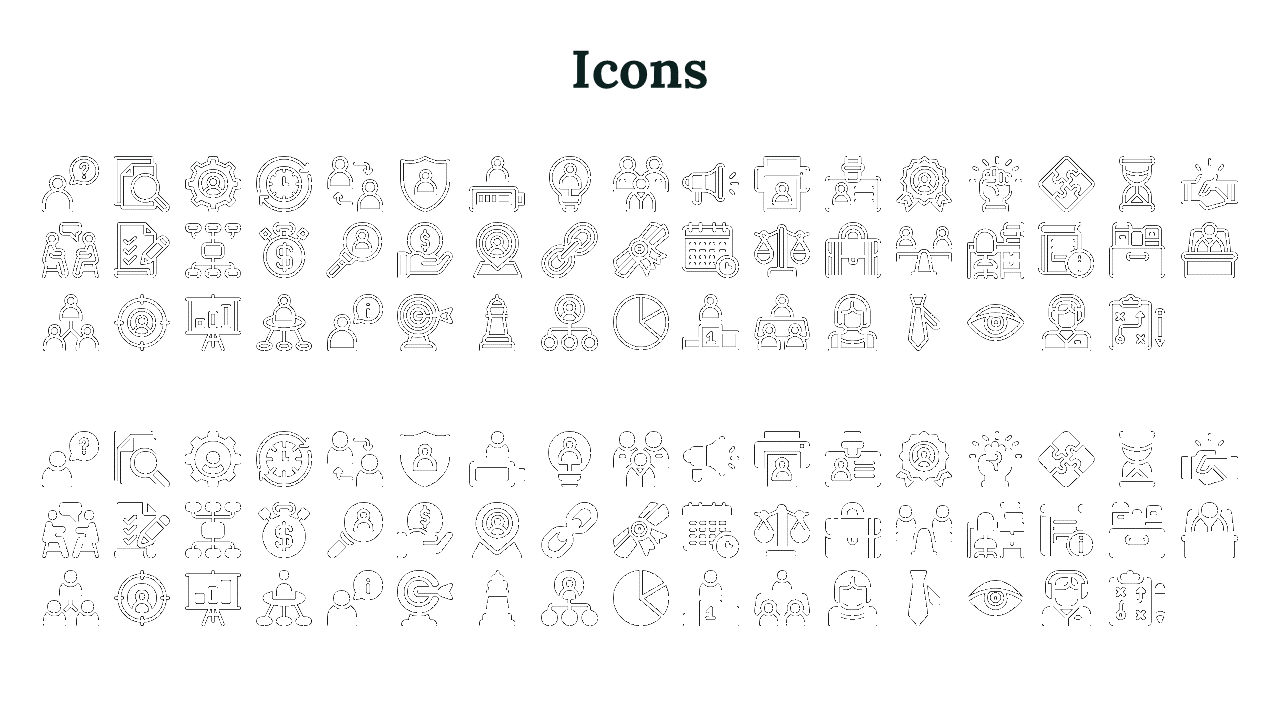 Collection of assorted icons with stroke and filled versions, including people, analytics, money, tools, and briefcases.