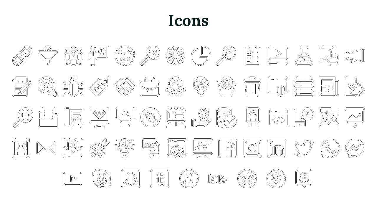 Collection of business and tech icons in outlines, including charts, analytics, apps, social logos, and marketing tools.