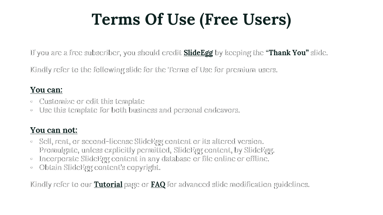 Presentation slide showing SlideEgg usage rules for free users, with sections for allowed uses and prohibited actions.