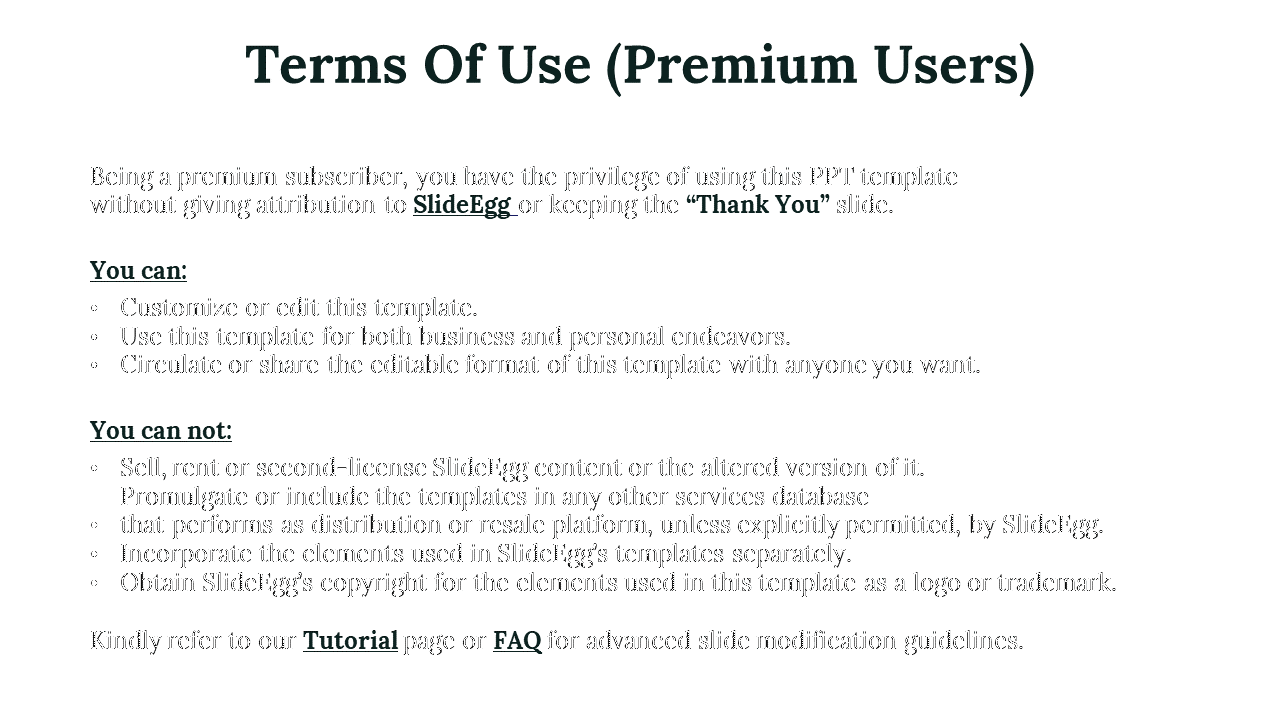 Presentation slide showing SlideEgg’s premium usage rules, including editable use, distribution, and copyright conditions.
