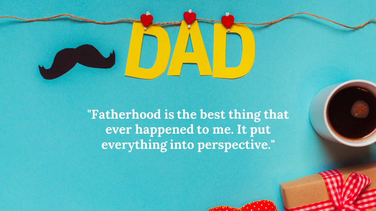 Decorative dad banner with red hearts, black mustache cutout, coffee mug, and ribbon wrapped gift on blue surface.