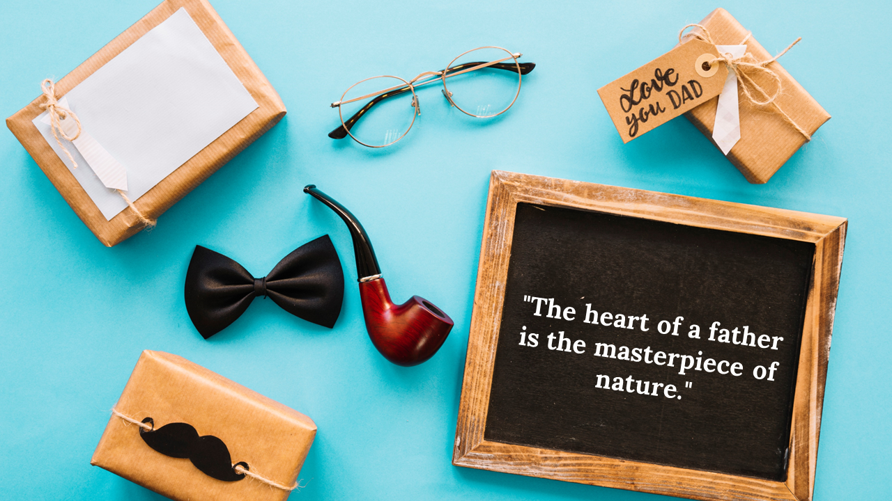 Father's Day setup with chalkboard message, vintage pipe, bow tie, glasses, and wrapped gifts on blue surface.
