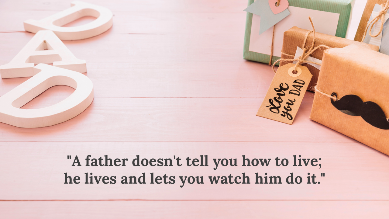 Wooden letters spelling dad beside wrapped gifts with tags and mustache cutout on a light pink wooden background.