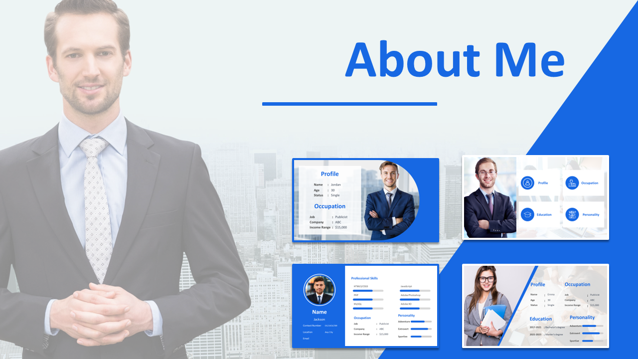 About me slide deck with blue and white theme, showcasing profile, occupation, skills, and thank you layouts.