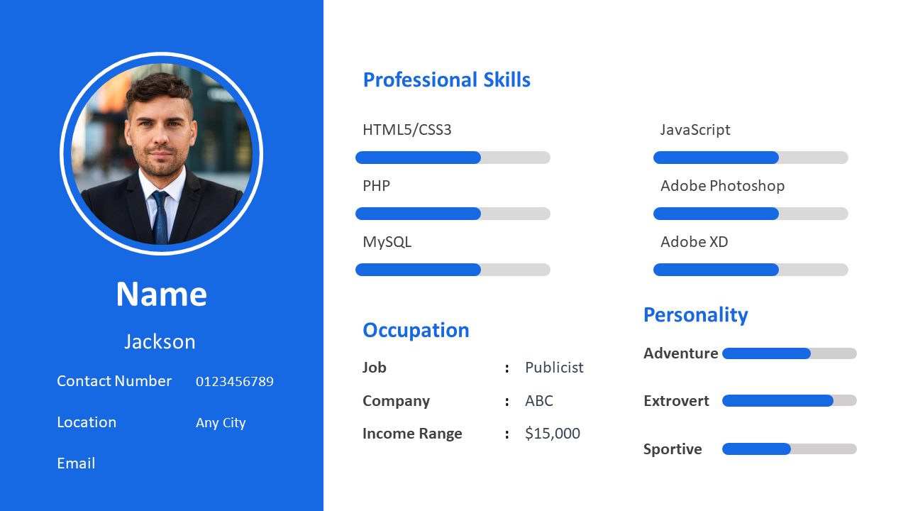 About me slide with a person, showing skills, occupation, and personality traits with progress bars on a blue theme.
