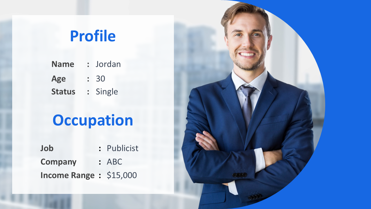 Blue professional profile slide with a smiling man in a suit displaying personal details and occupation information.