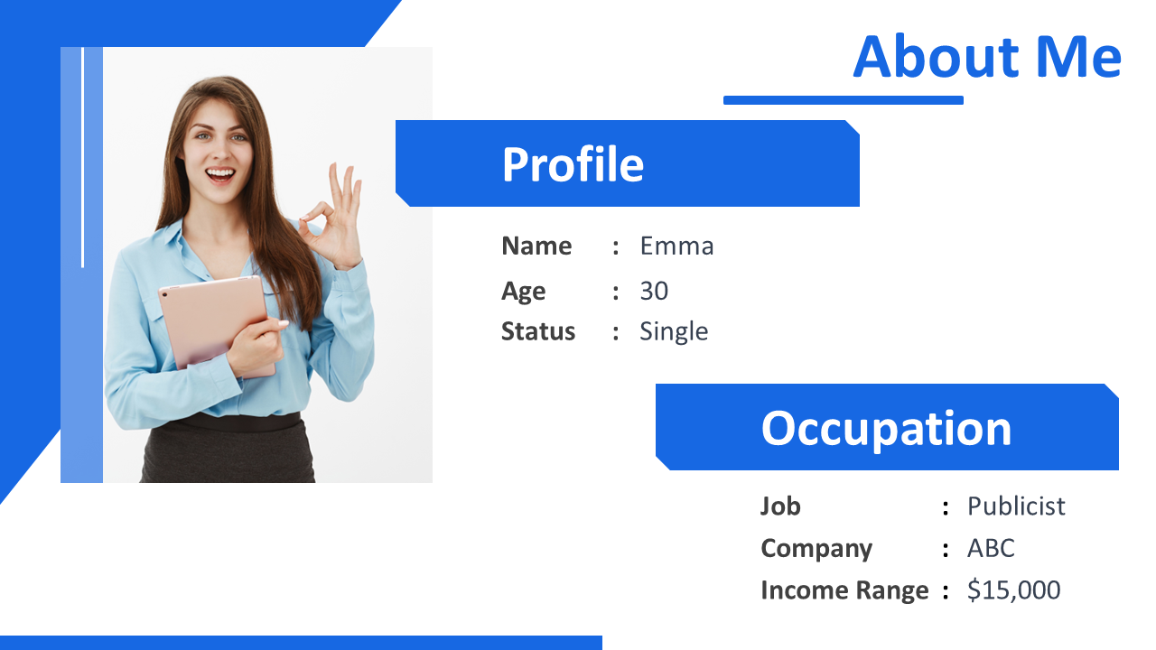 Professional profile slide with a smiling woman holding a tablet, displaying personal details like name, age, and occupation.