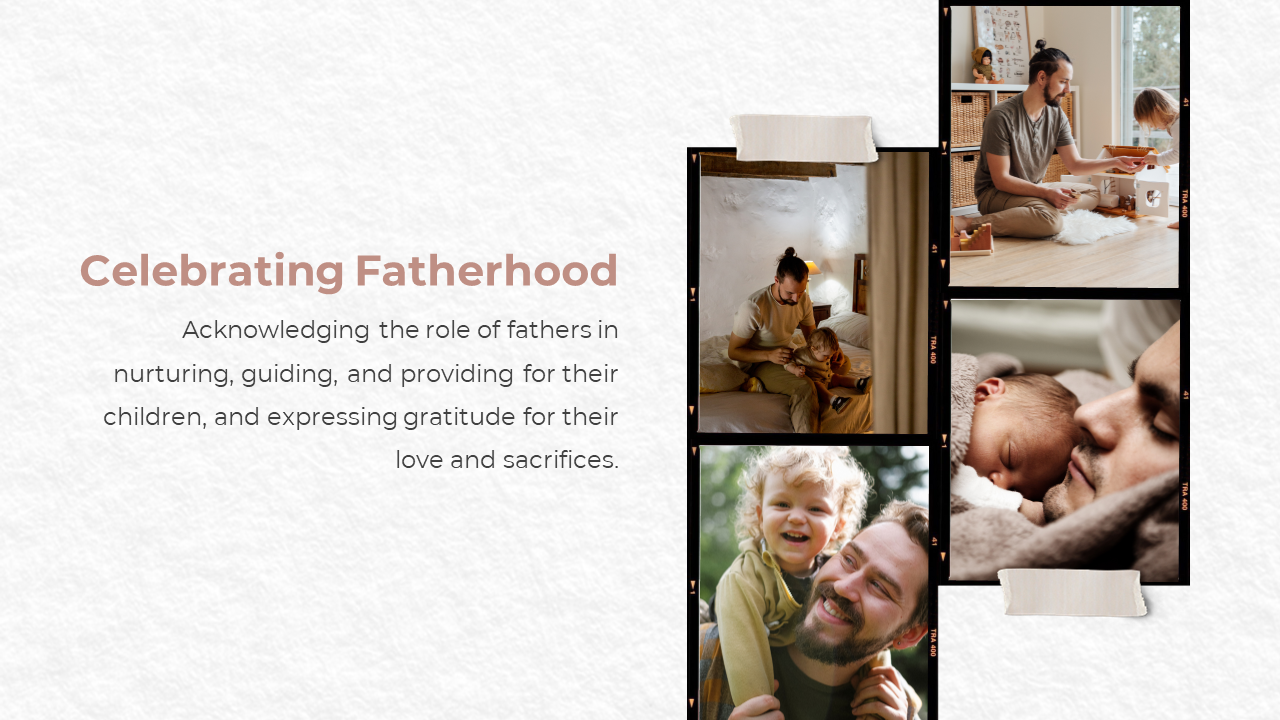 Collage of fatherhood moments including play, affection, and care beside text honoring fathers’ love and sacrifices.