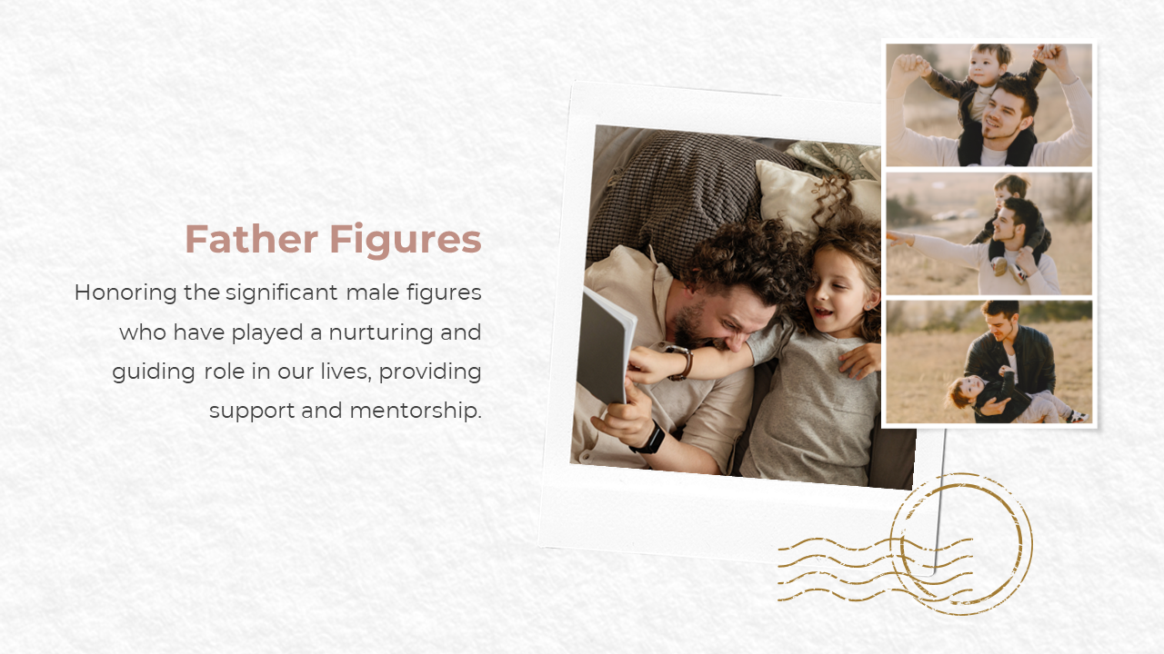 Collage of joyful father child images paired with a message about honoring mentorship and support from father figures.