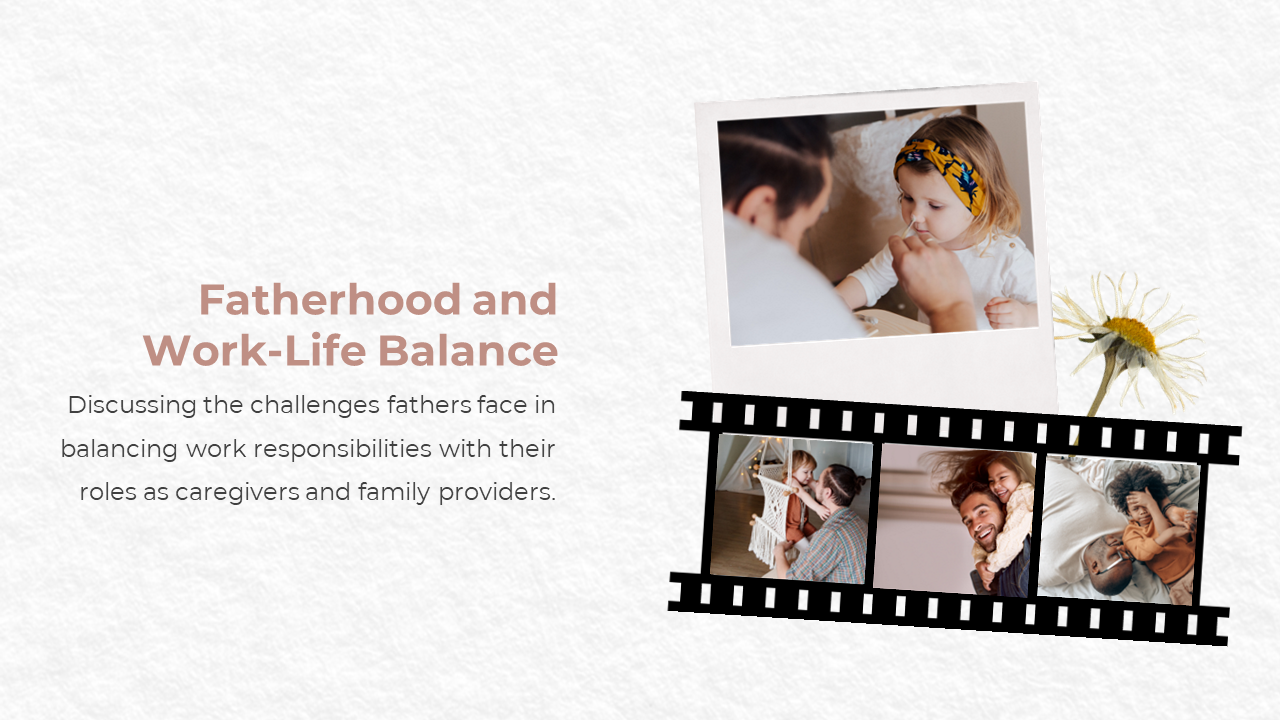Visual layout featuring dads with children, highlighting struggles of managing work and family roles on white background.
