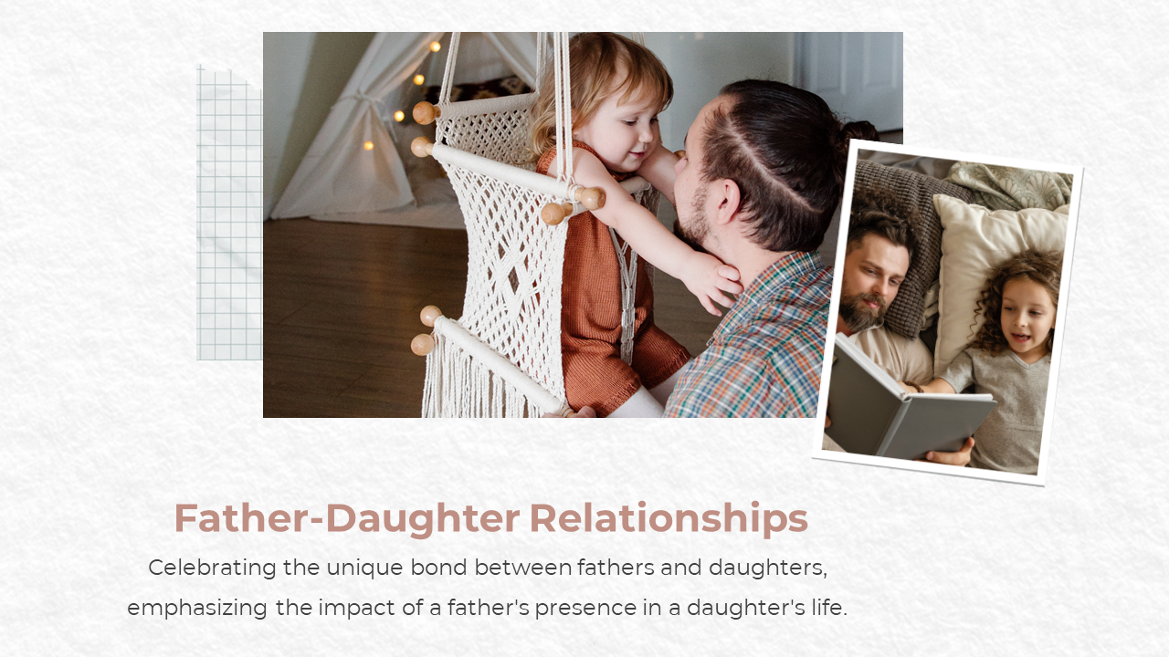 Slide with two photos of fathers bonding with daughters, paired with text celebrating their unique and impactful connection.