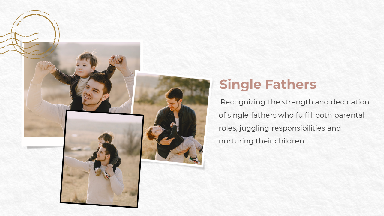Slide with three photos of a father playing with his child outdoors, alongside text recognizing single fathers’ dedication.