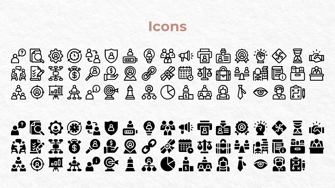 Business icon set featuring various professional symbols in black outline and filled formats on a textured white background.