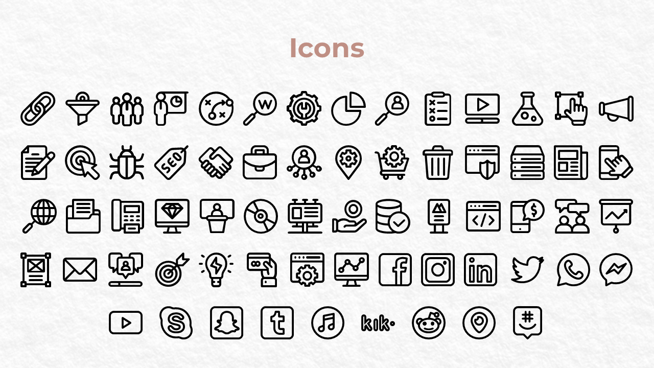 Icon set featuring marketing, tech, and communication visuals, including Facebook, Instagram, YouTube, and Reddit.
